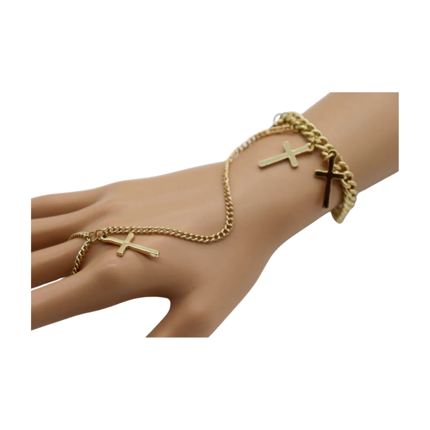 New Women Fashion Jewelry Gold Metal Hand Chain Bracelet Cross Charm Ring Connected