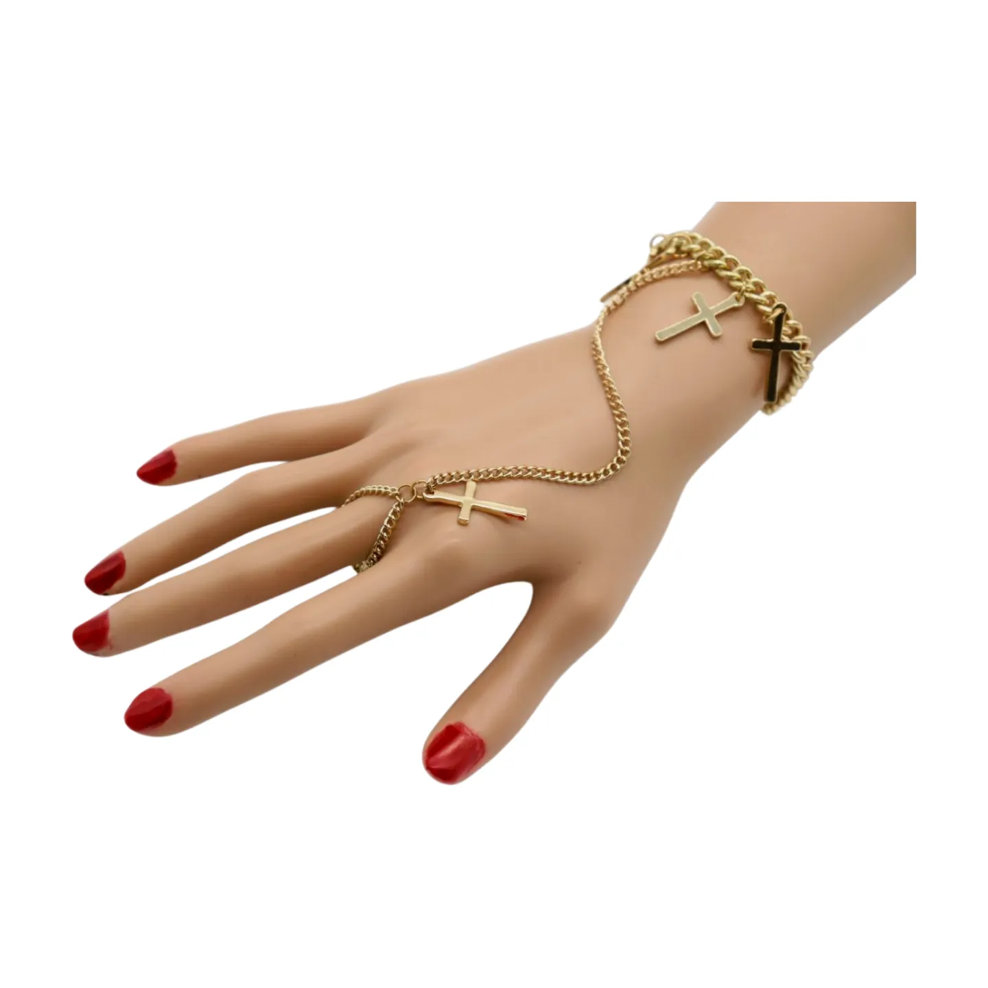 New Women Fashion Jewelry Gold Metal Hand Chain Bracelet Cross Charm Ring Connected