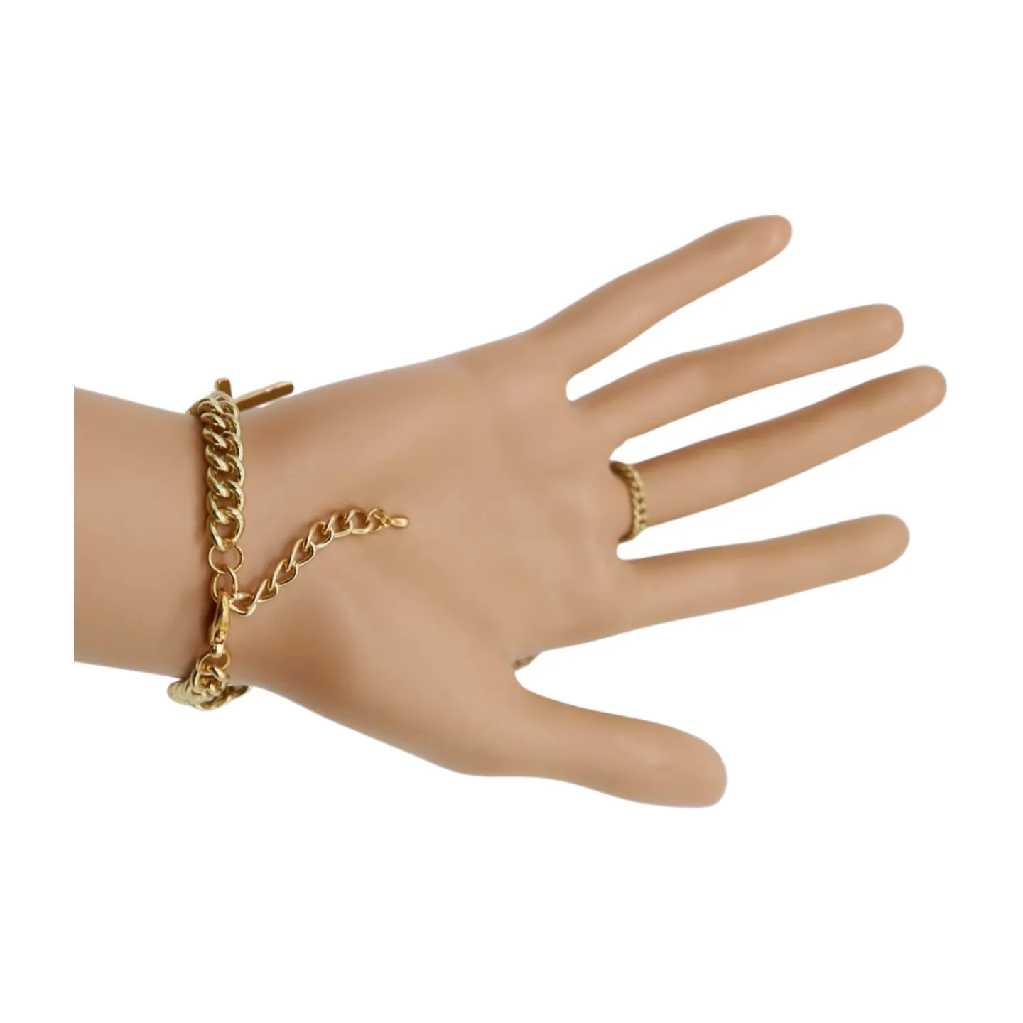 New Women Fashion Jewelry Gold Metal Hand Chain Bracelet Cross Charm Ring Connected