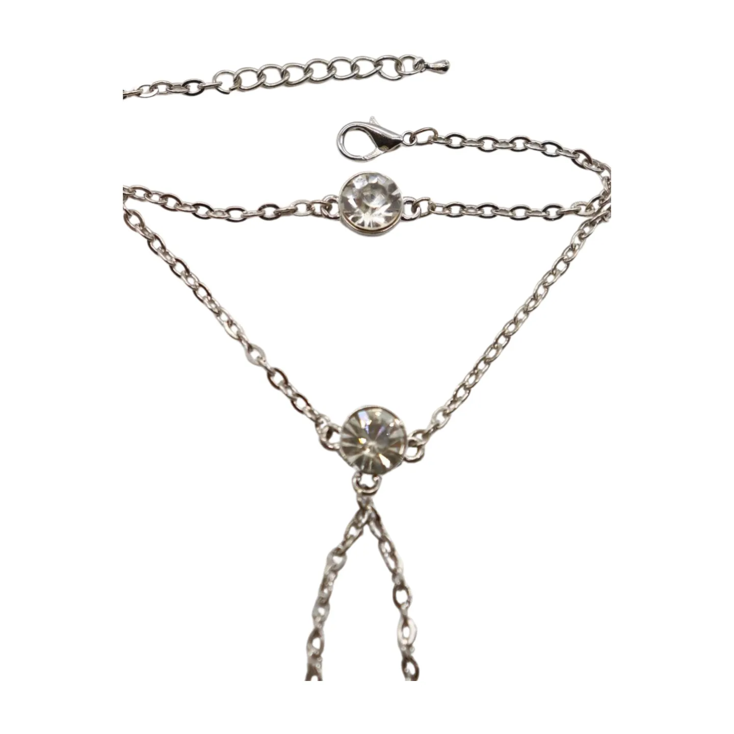 New Women Silver Metal Hand Chain Fashion Bracelet Connected Ring 2 Bling Beads Jewelry