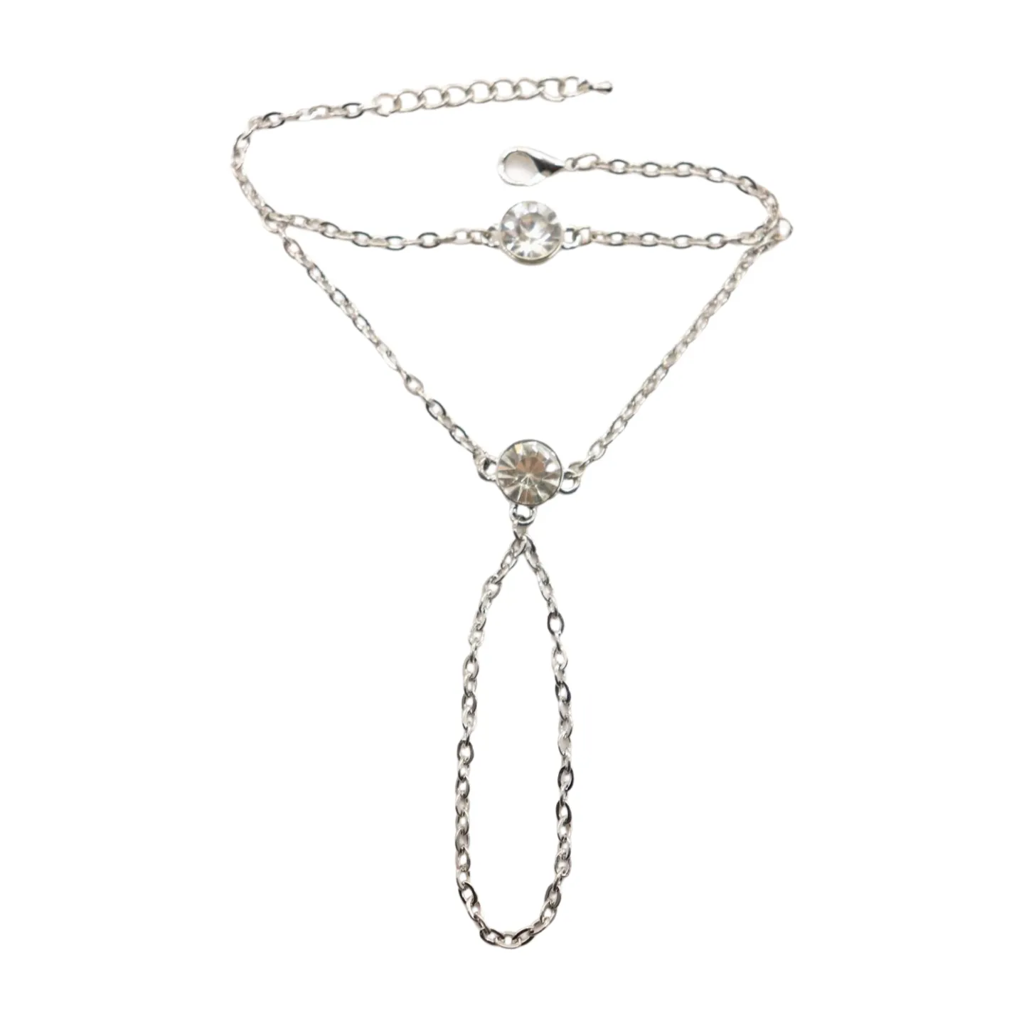 New Women Silver Metal Hand Chain Fashion Bracelet Connected Ring 2 Bling Beads Jewelry