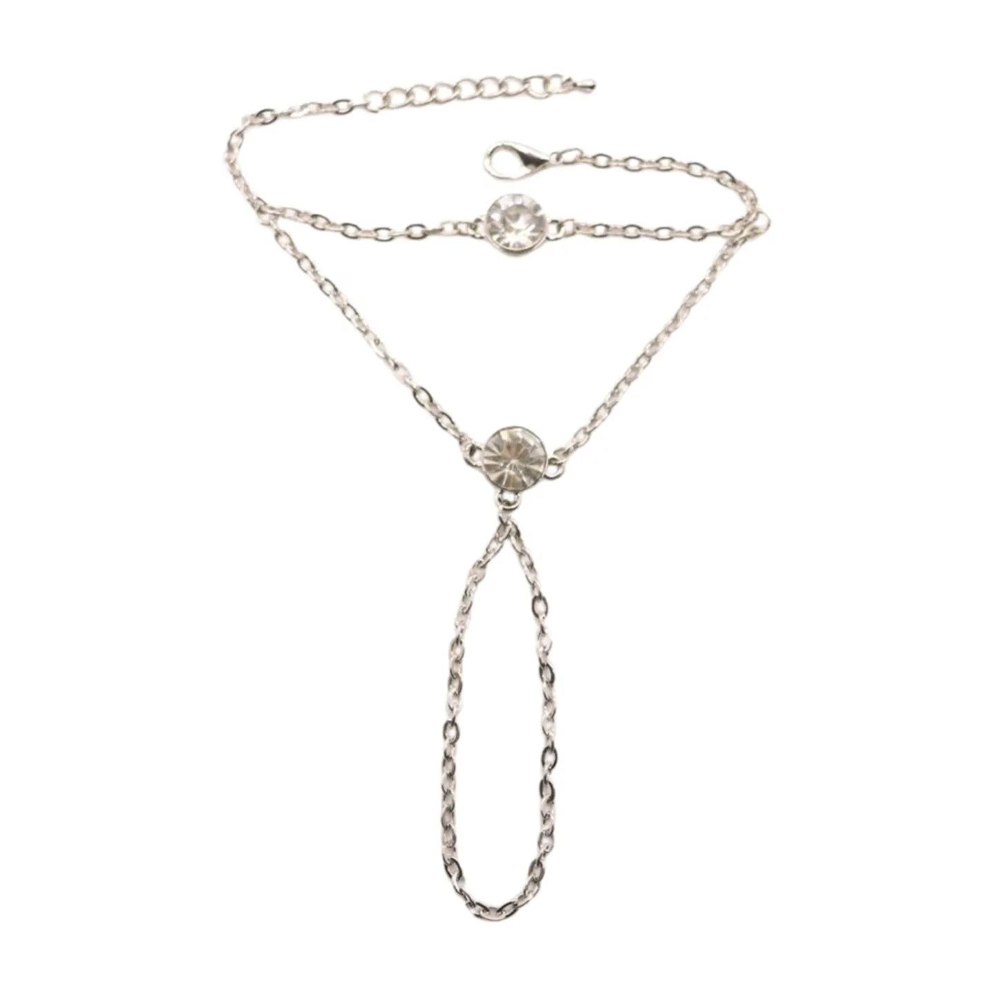New Women Silver Metal Hand Chain Fashion Bracelet Connected Ring 2 Bling Beads Jewelry