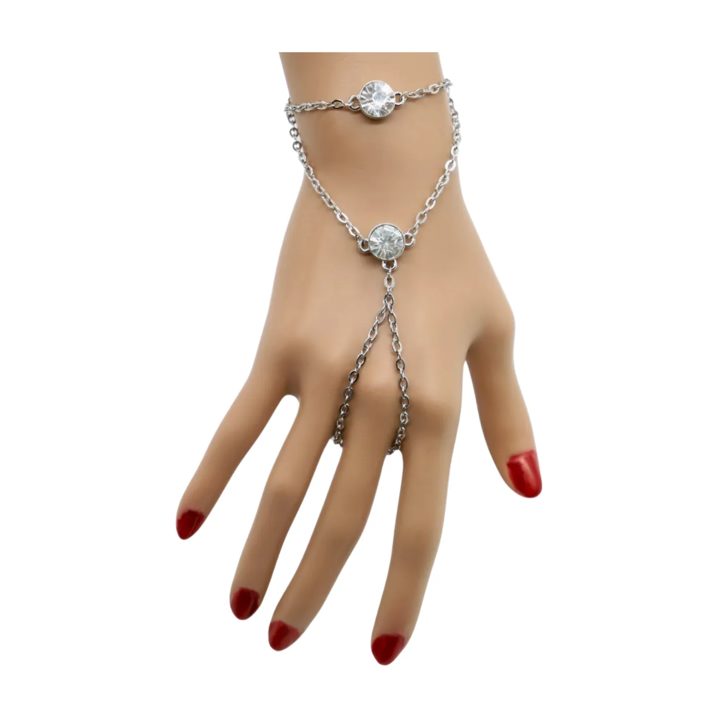 New Women Silver Metal Hand Chain Fashion Bracelet Connected Ring 2 Bling Beads Jewelry