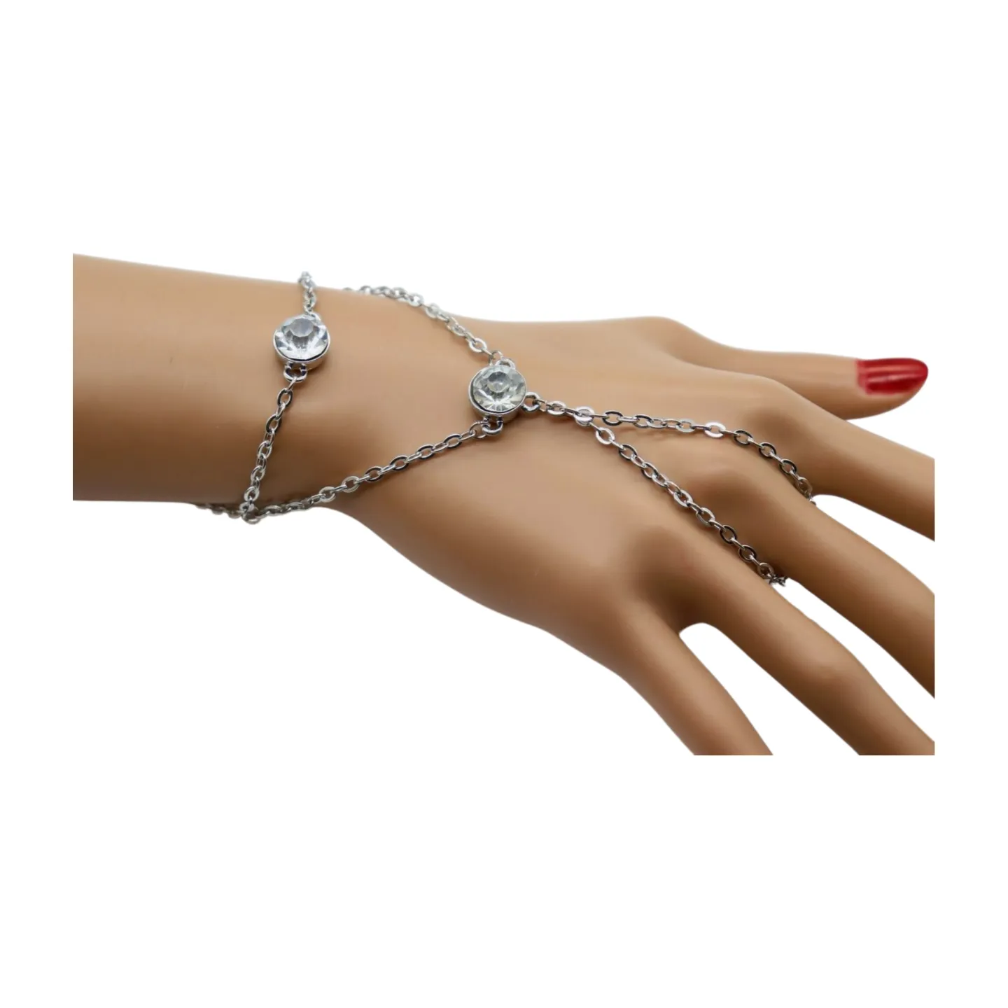 New Women Silver Metal Hand Chain Fashion Bracelet Connected Ring 2 Bling Beads Jewelry