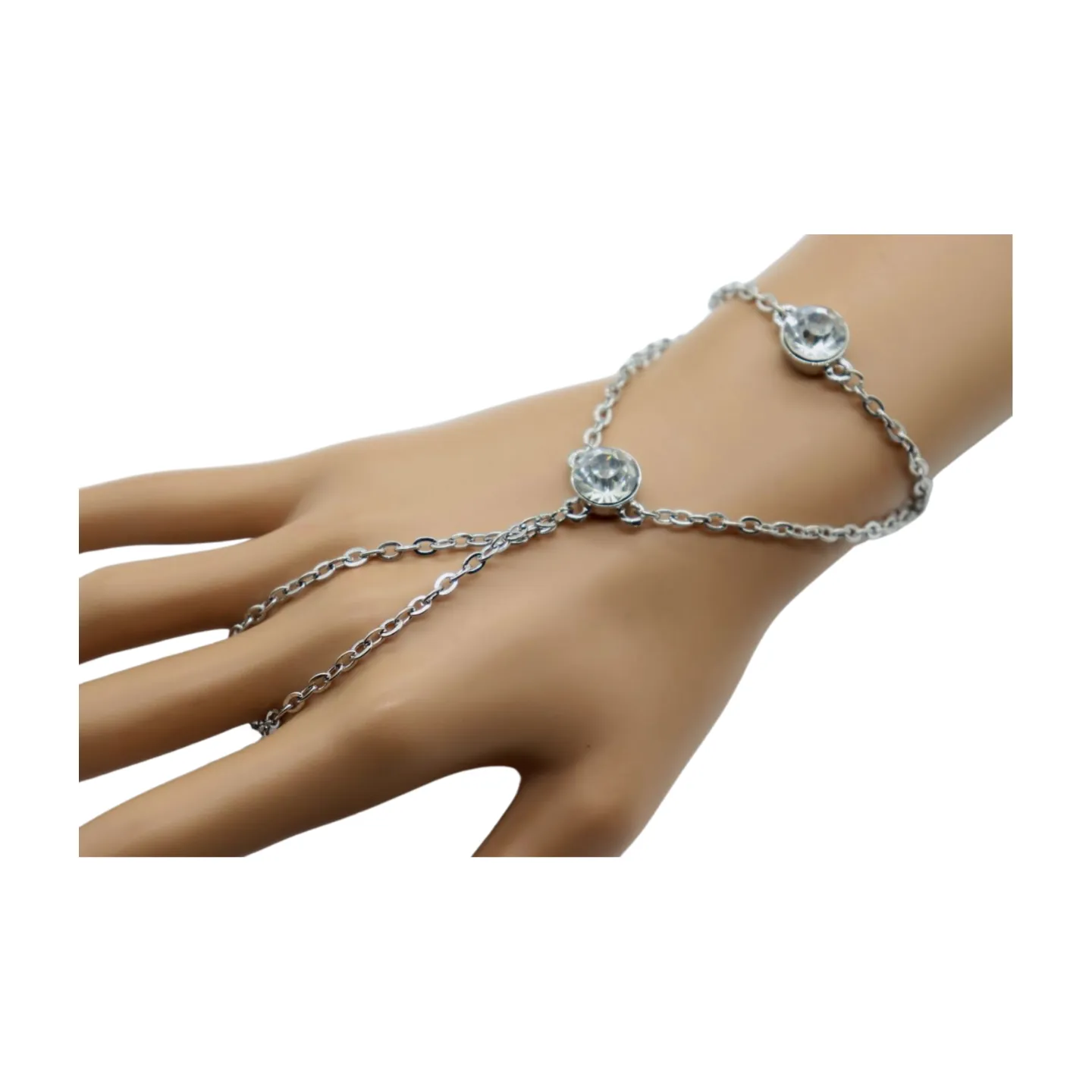 New Women Silver Metal Hand Chain Fashion Bracelet Connected Ring 2 Bling Beads Jewelry