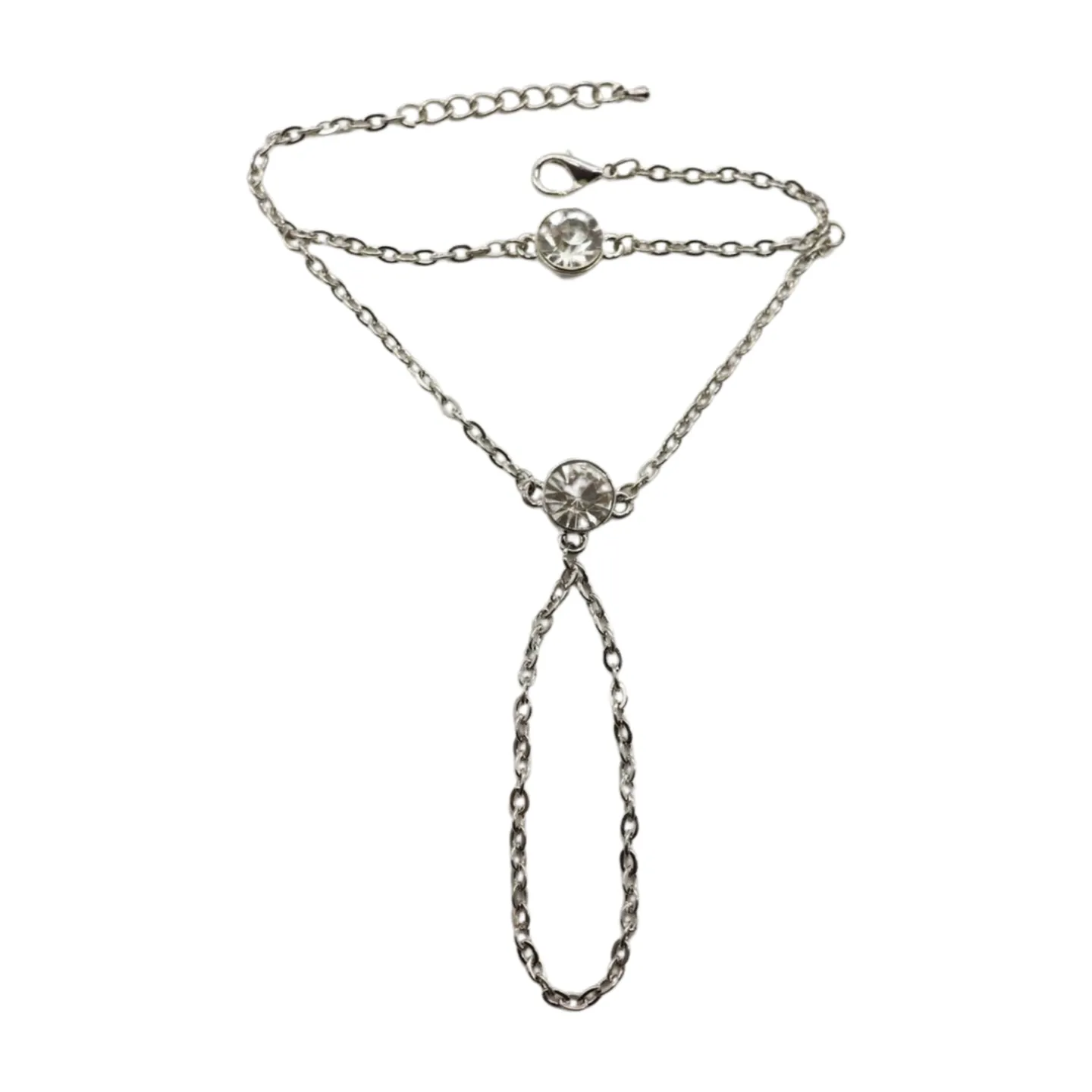 New Women Silver Metal Hand Chain Fashion Bracelet Connected Ring 2 Bling Beads Jewelry