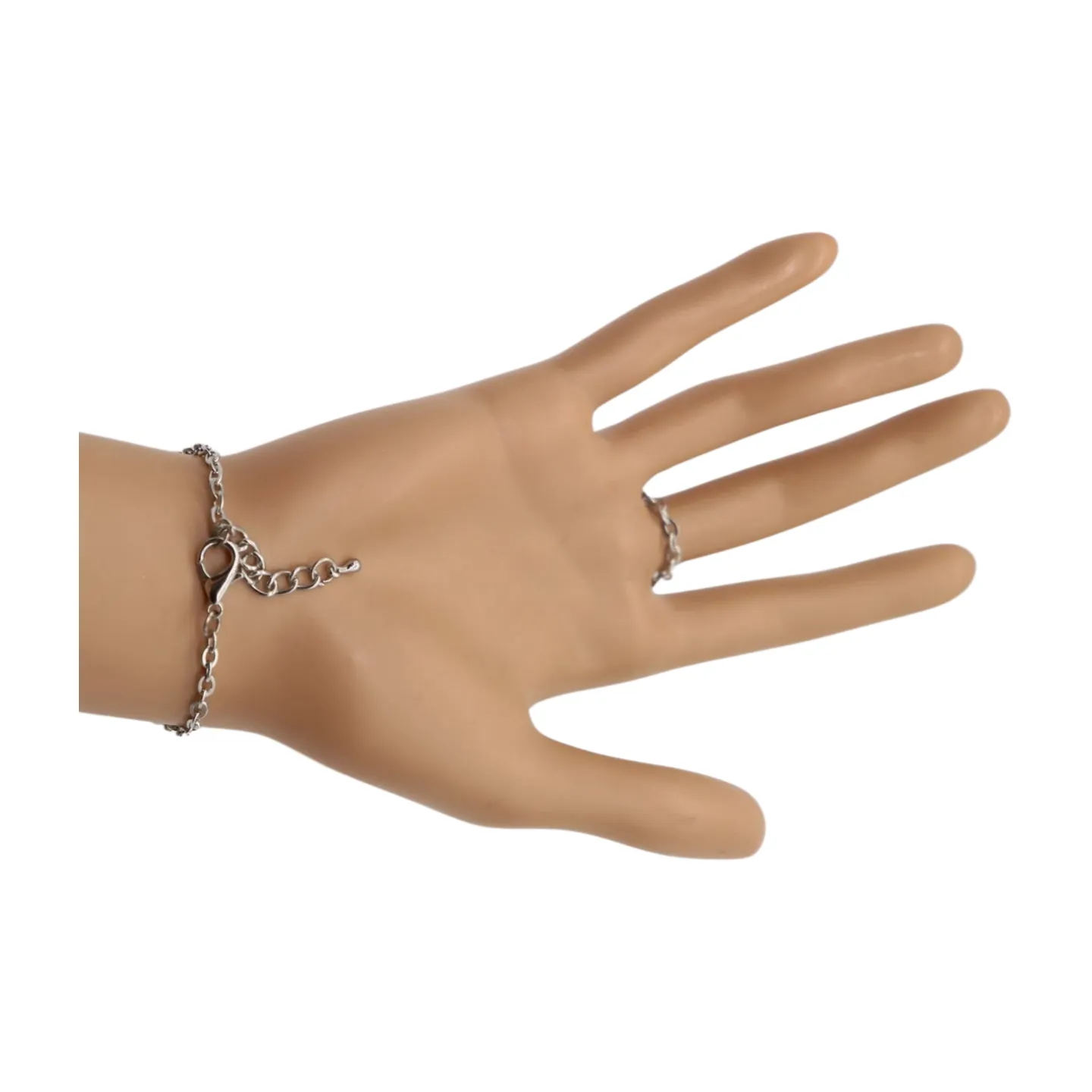 New Women Silver Metal Hand Chain Fashion Bracelet Connected Ring 2 Bling Beads Jewelry