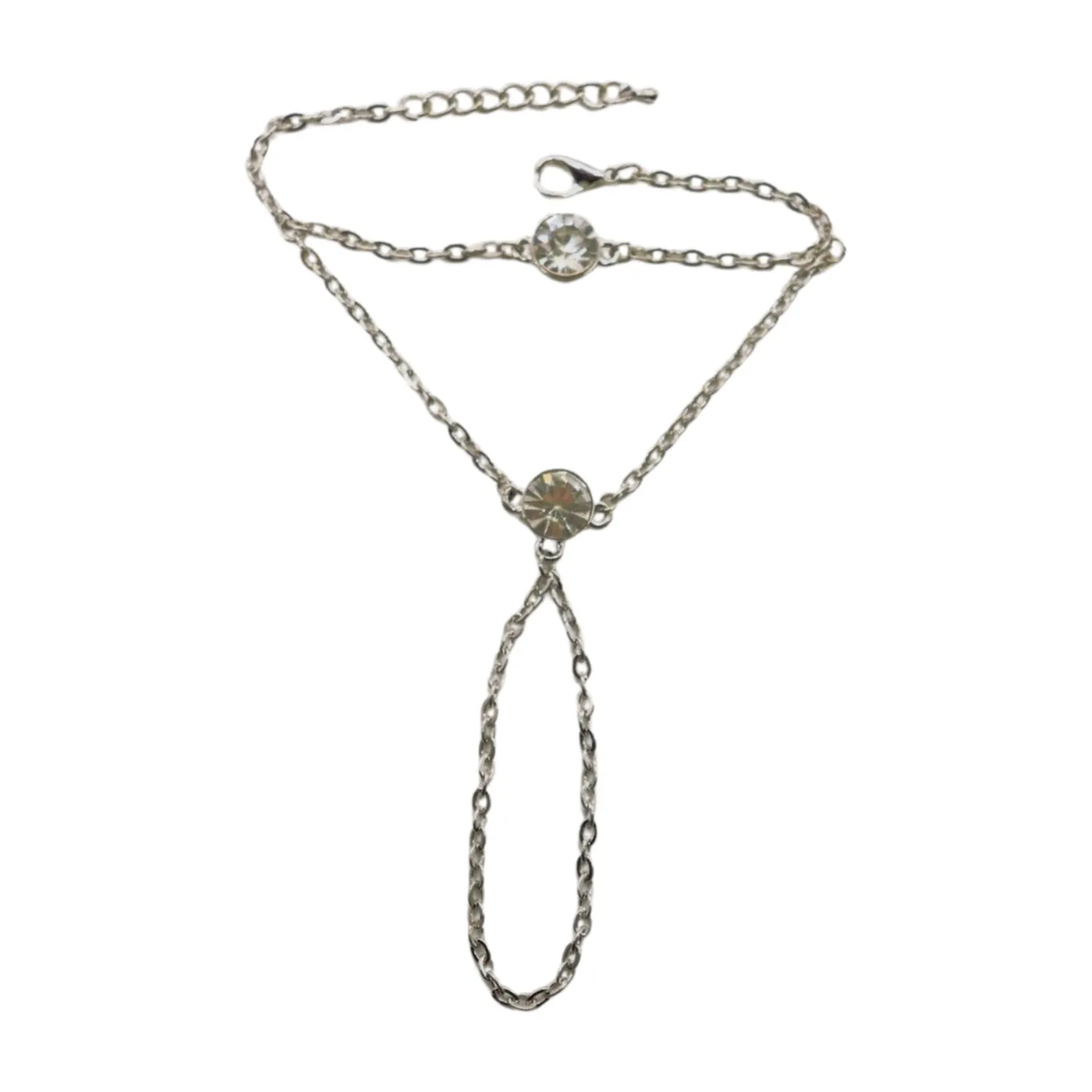New Women Silver Metal Hand Chain Fashion Bracelet Connected Ring 2 Bling Beads Jewelry