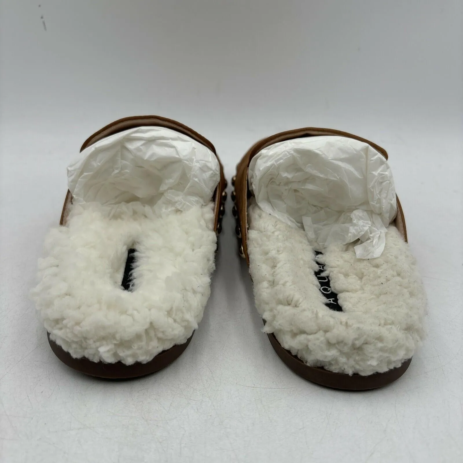 NWB AQUA Brown Nubuck/Faux Fur Lined Round Toe Studded Mule Slippers, Size 5.5B