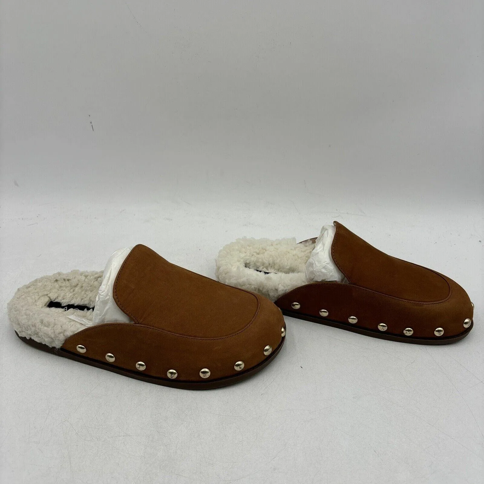 NWB AQUA Brown Nubuck/Faux Fur Lined Round Toe Studded Mule Slippers, Size 5.5B