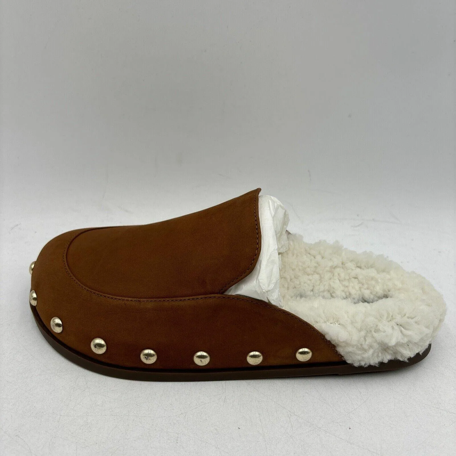 NWB AQUA Brown Nubuck/Faux Fur Lined Round Toe Studded Mule Slippers, Size 5.5B