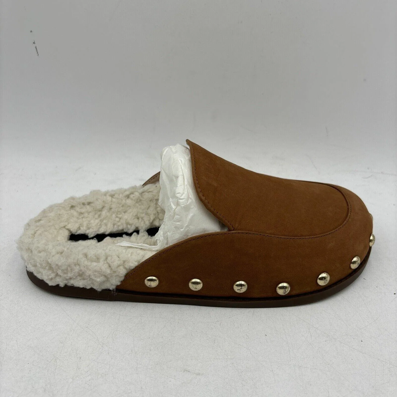NWB AQUA Brown Nubuck/Faux Fur Lined Round Toe Studded Mule Slippers, Size 5.5B
