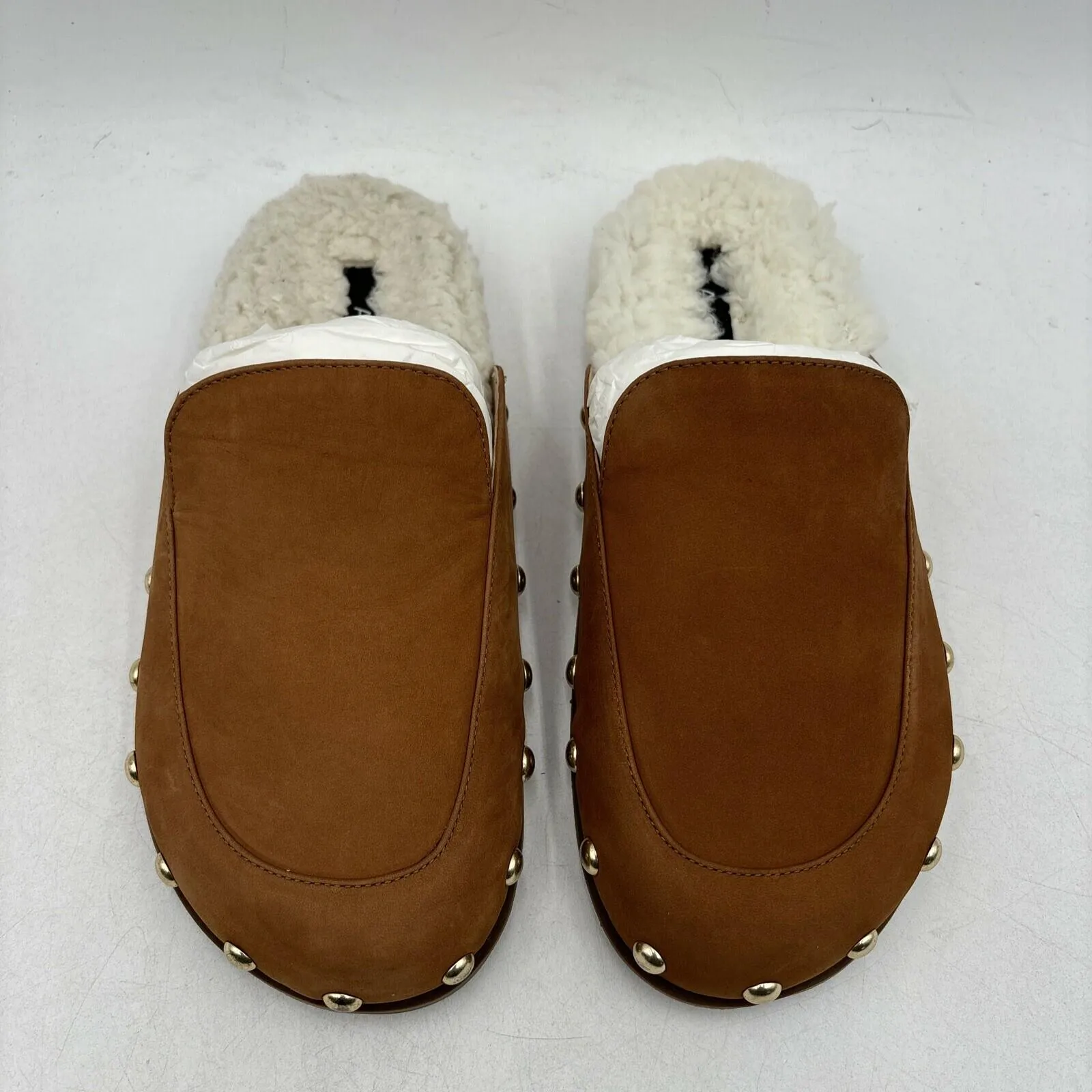 NWB AQUA Brown Nubuck/Faux Fur Lined Round Toe Studded Mule Slippers, Size 5.5B