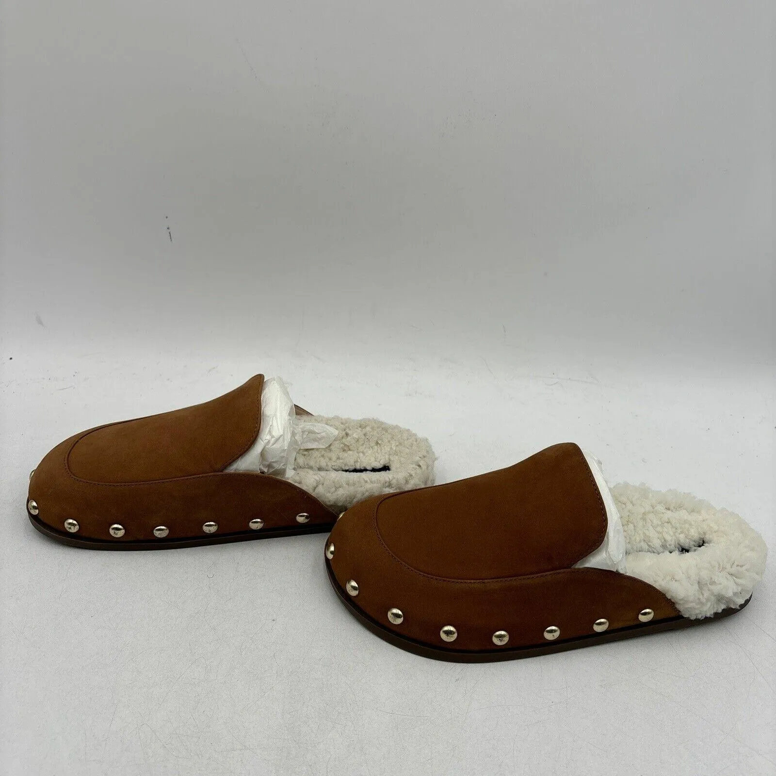 NWB AQUA Brown Nubuck/Faux Fur Lined Round Toe Studded Mule Slippers, Size 5.5B
