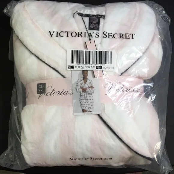 NWT VICTORIA'S SECRET FLEECE ICONIC STRIPE LONG SLEEVE PLUSH HOODIE ROBE XL/XXL