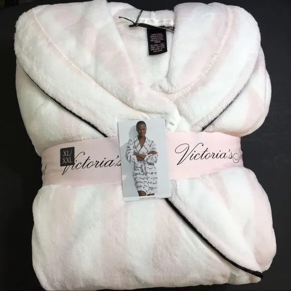 NWT VICTORIA'S SECRET FLEECE ICONIC STRIPE LONG SLEEVE PLUSH HOODIE ROBE XL/XXL