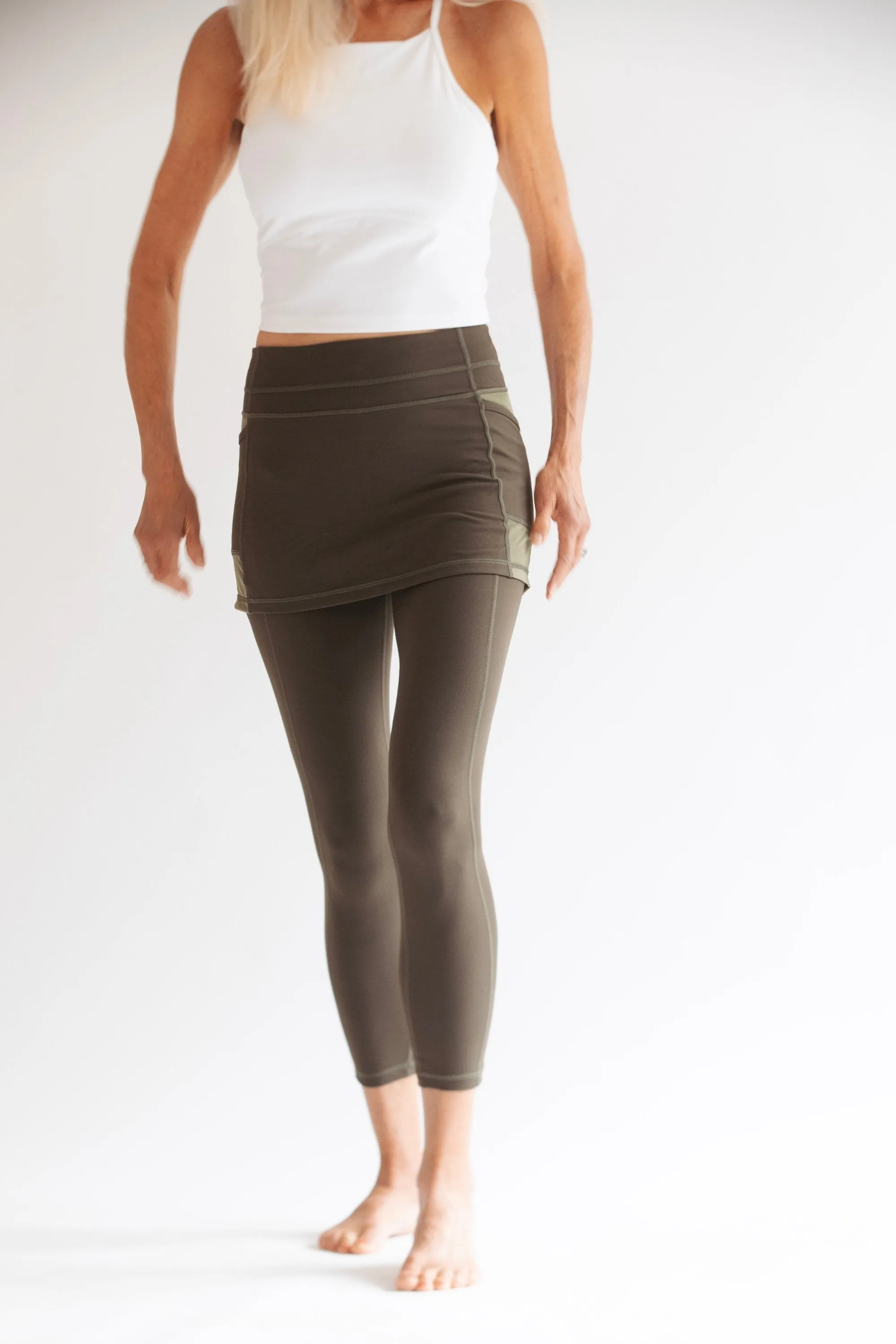 Olive 7/8th's Ankle Length Skirted Leggings with Pockets