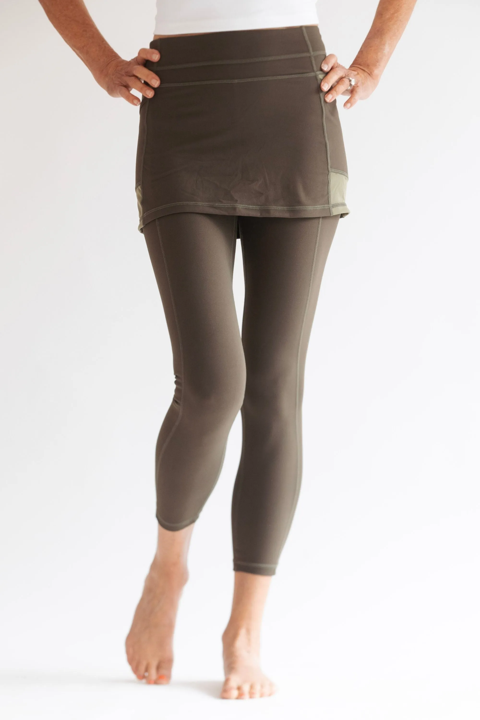 Olive 7/8th's Ankle Length Skirted Leggings with Pockets
