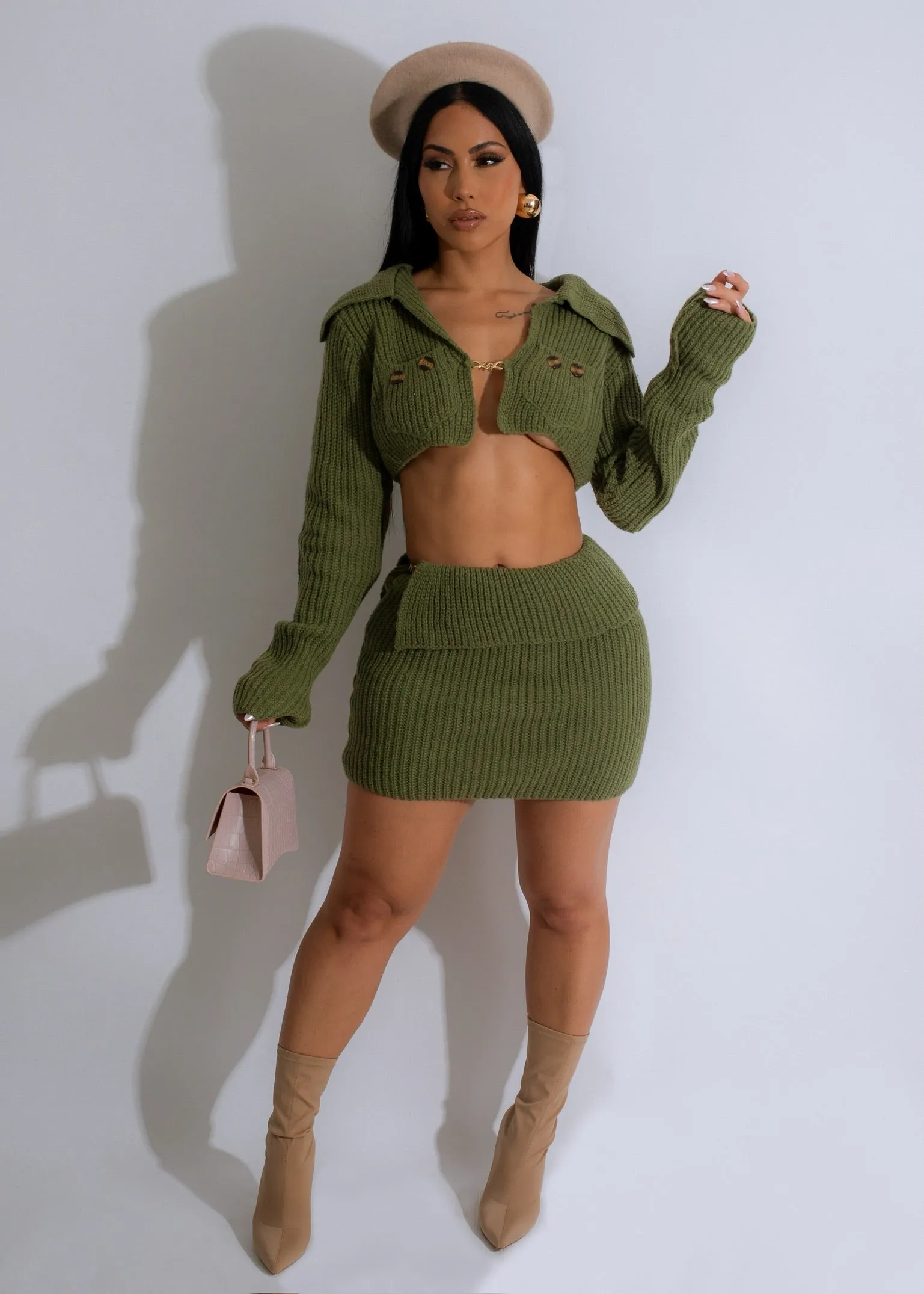 On My Way Knit Skirt Set Green