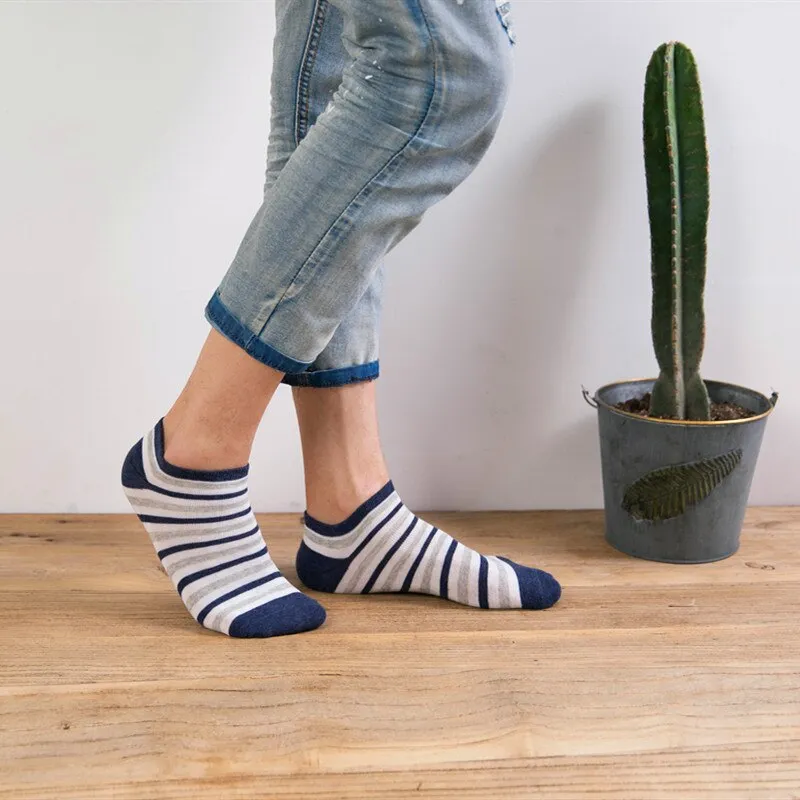 Patchwork Solid Striped Cotton Ankle Sock - 5 Pairs