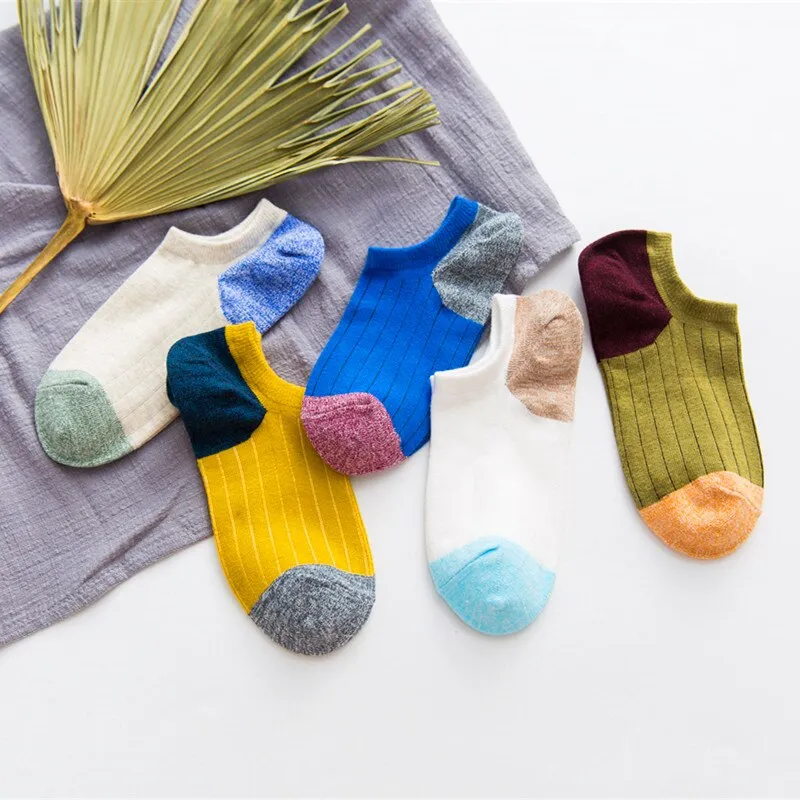 Patchwork Solid Striped Cotton Ankle Sock - 5 Pairs