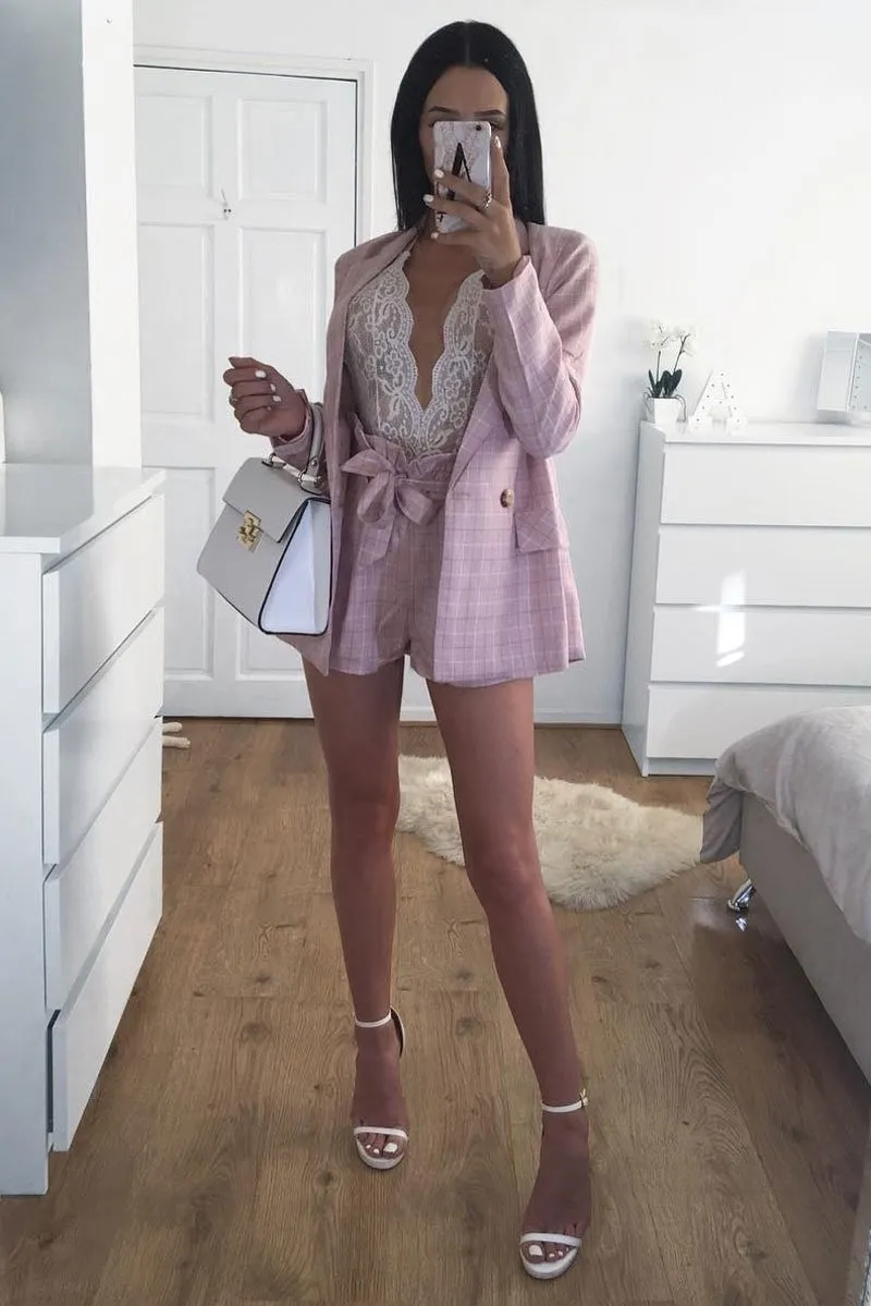 Pink Check Woven Blazer - Akeira