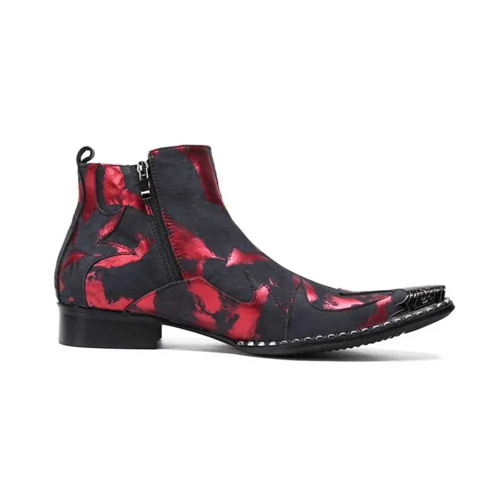 Printing Zipper With Metal Bordered High Heels Pointed Toe Boots Male Shoe
