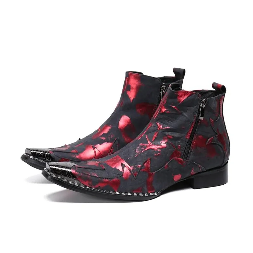 Printing Zipper With Metal Bordered High Heels Pointed Toe Boots Male Shoe