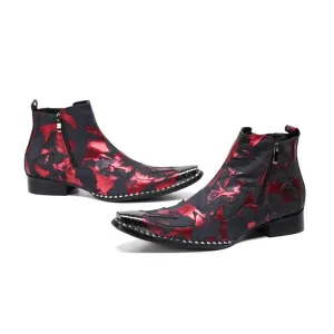 Printing Zipper With Metal Bordered High Heels Pointed Toe Boots Male Shoe