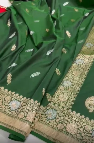 Pure Mashru Silver Zari Satin Silk Dark Green Designer Saree