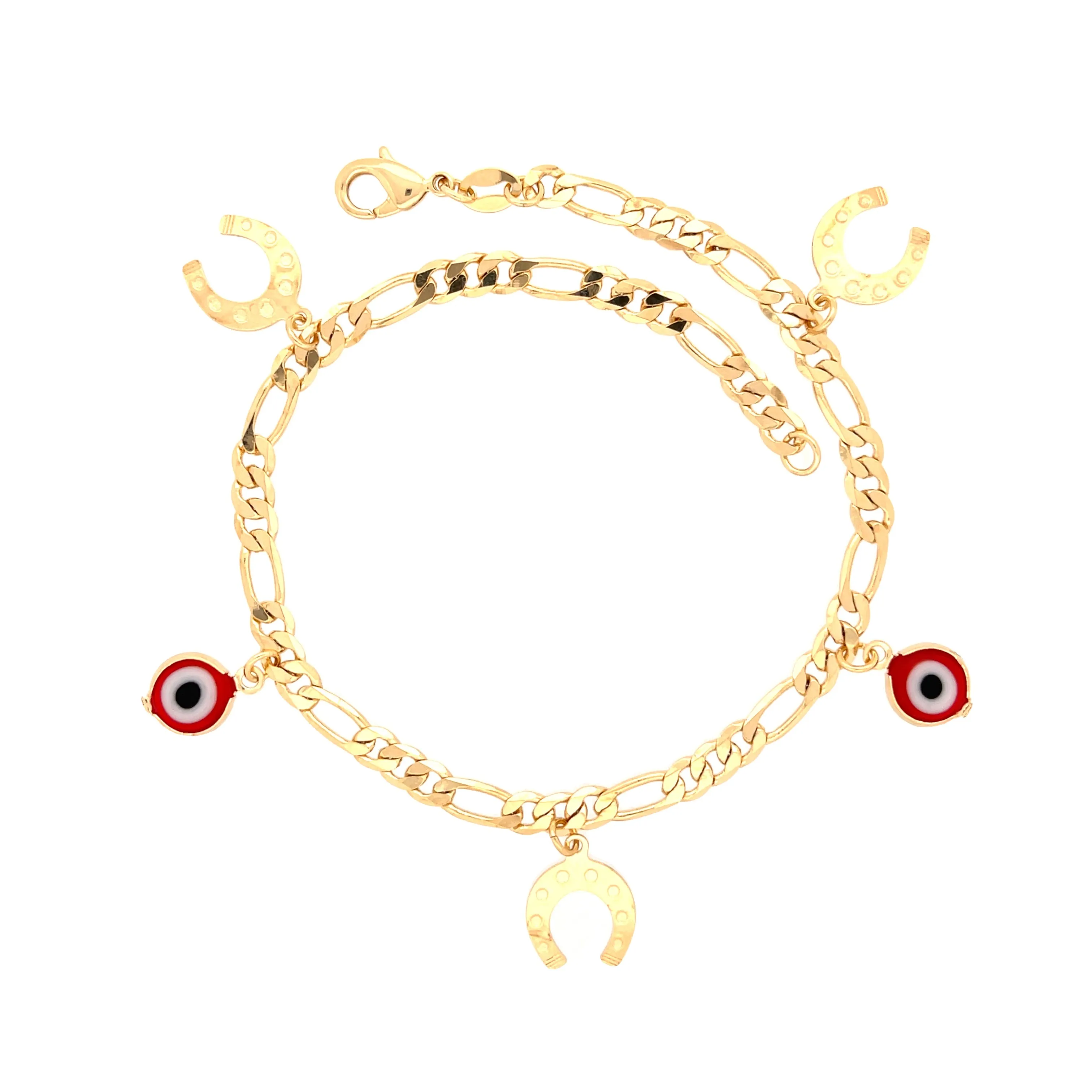 Red Evil Eye and Horseshoes Charm Ankle Bracelet Figaro Link Chain