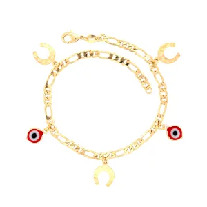 Red Evil Eye and Horseshoes Charm Ankle Bracelet Figaro Link Chain