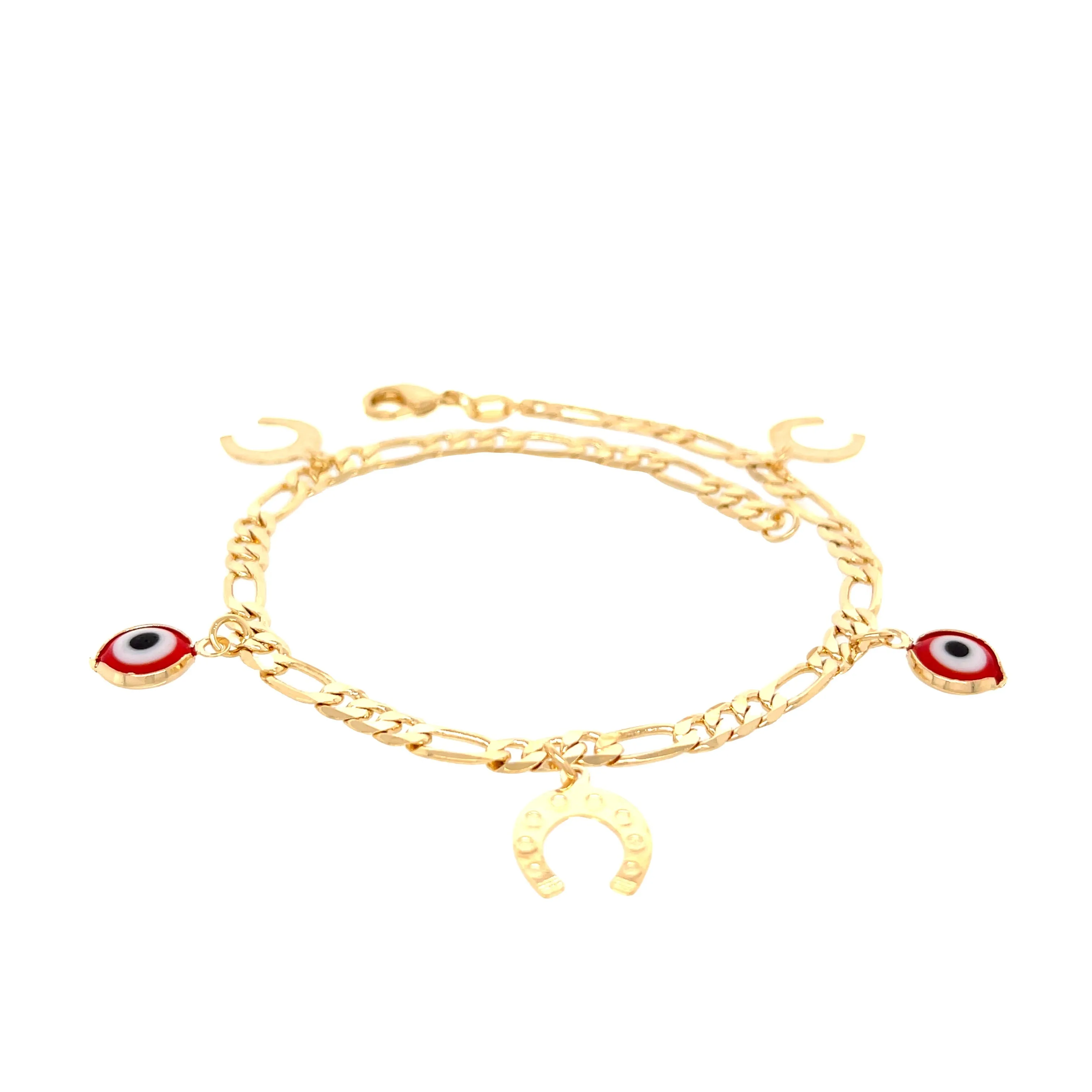 Red Evil Eye and Horseshoes Charm Ankle Bracelet Figaro Link Chain