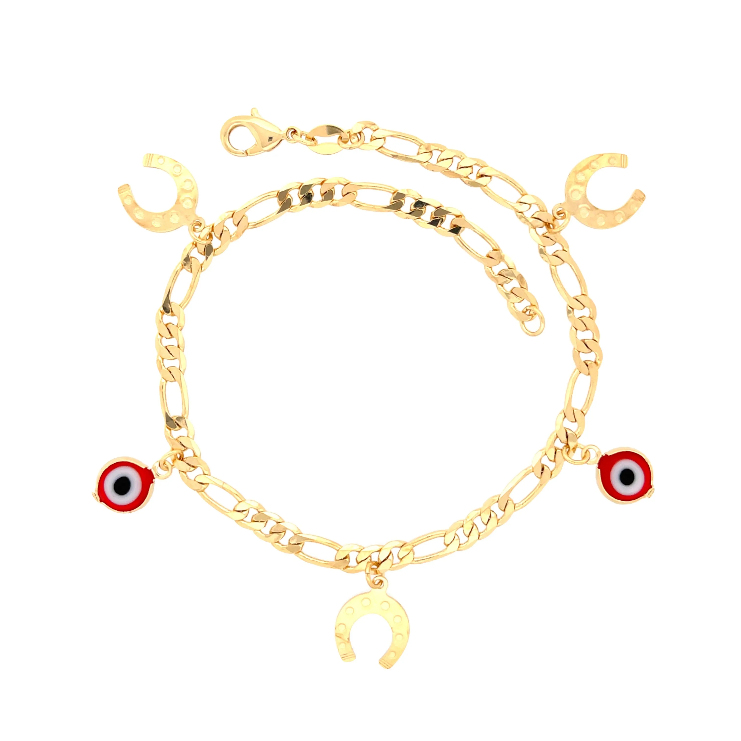 Red Evil Eye and Horseshoes Charm Ankle Bracelet Figaro Link Chain