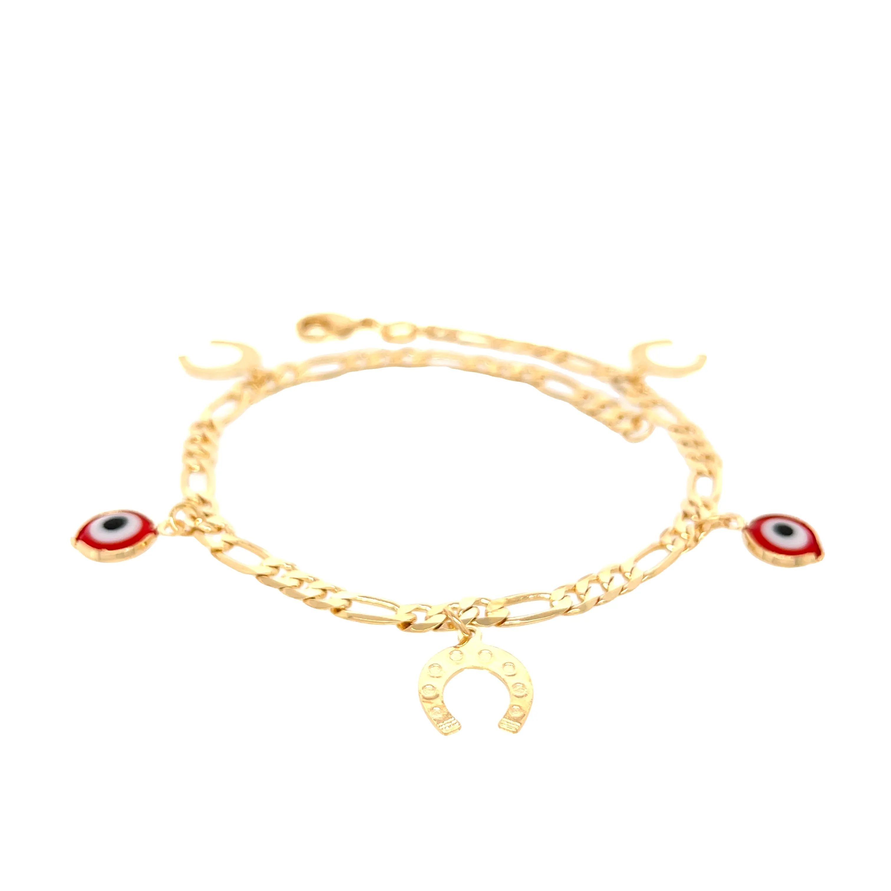 Red Evil Eye and Horseshoes Charm Ankle Bracelet Figaro Link Chain