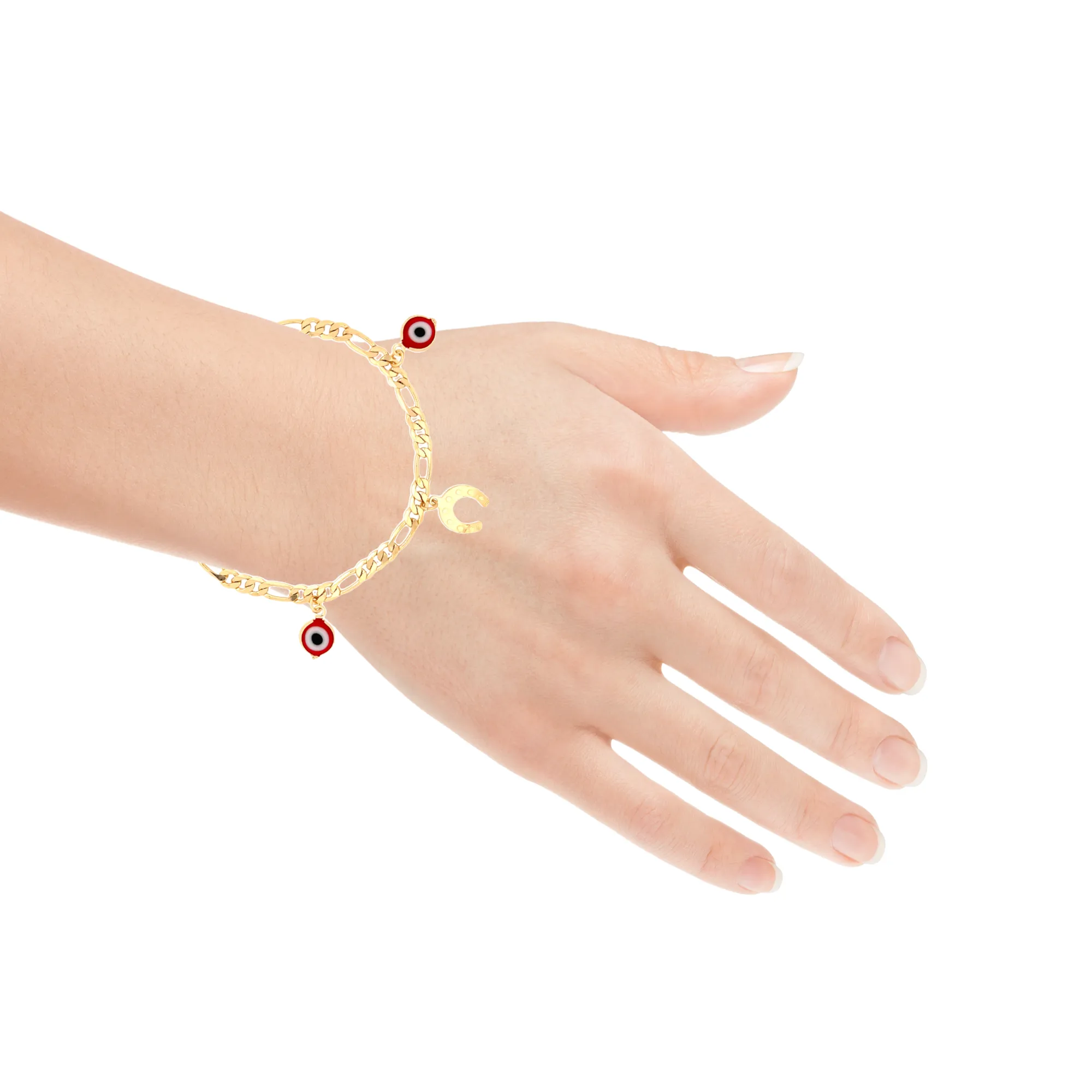 Red Evil Eye and Horseshoes Charm Ankle Bracelet Figaro Link Chain