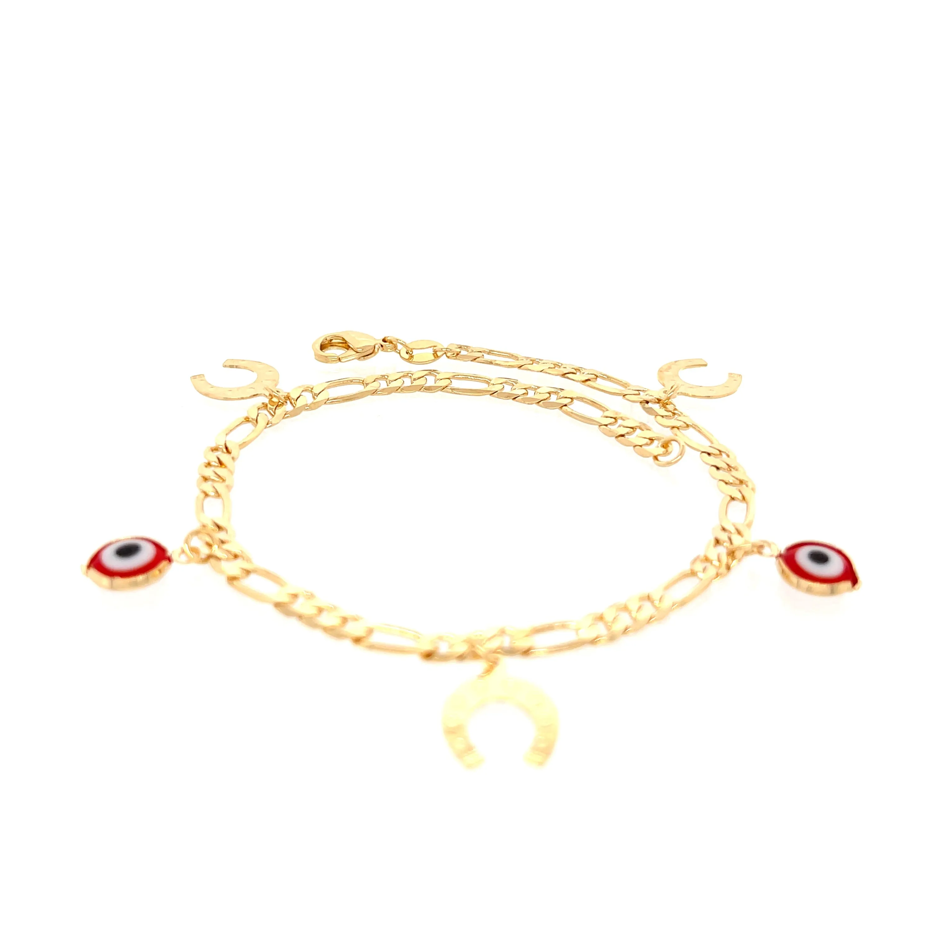 Red Evil Eye and Horseshoes Charm Ankle Bracelet Figaro Link Chain