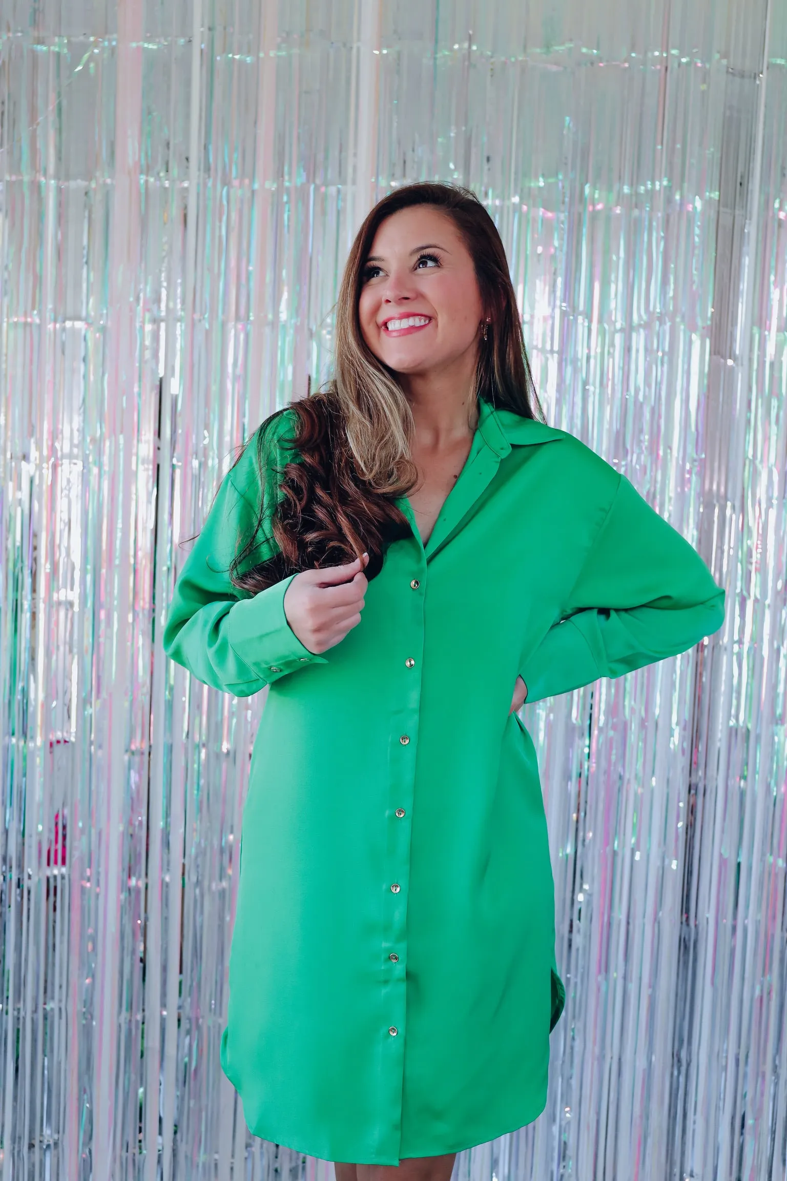 Saucy Satin Button Down Shirt Dress - Green
