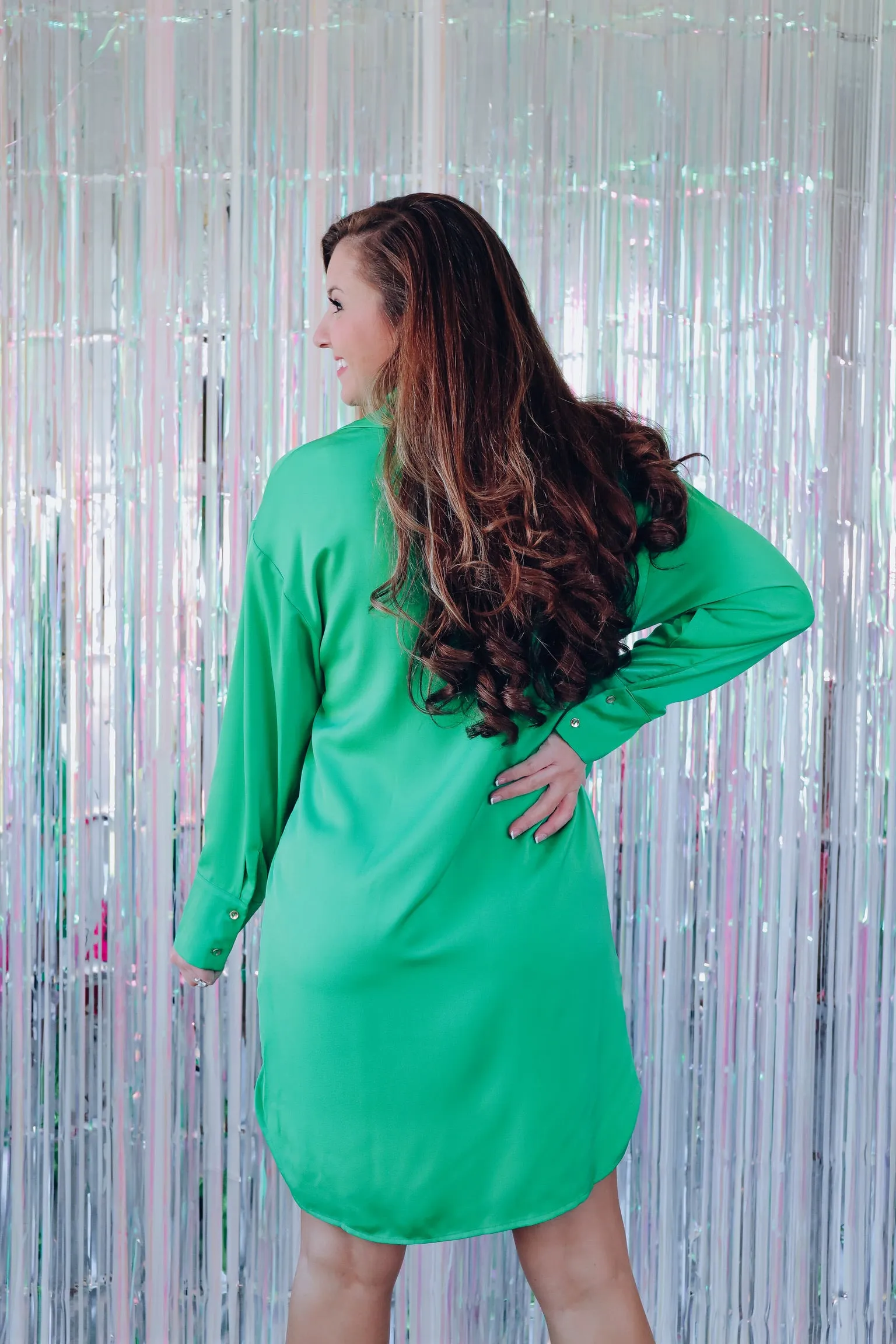 Saucy Satin Button Down Shirt Dress - Green