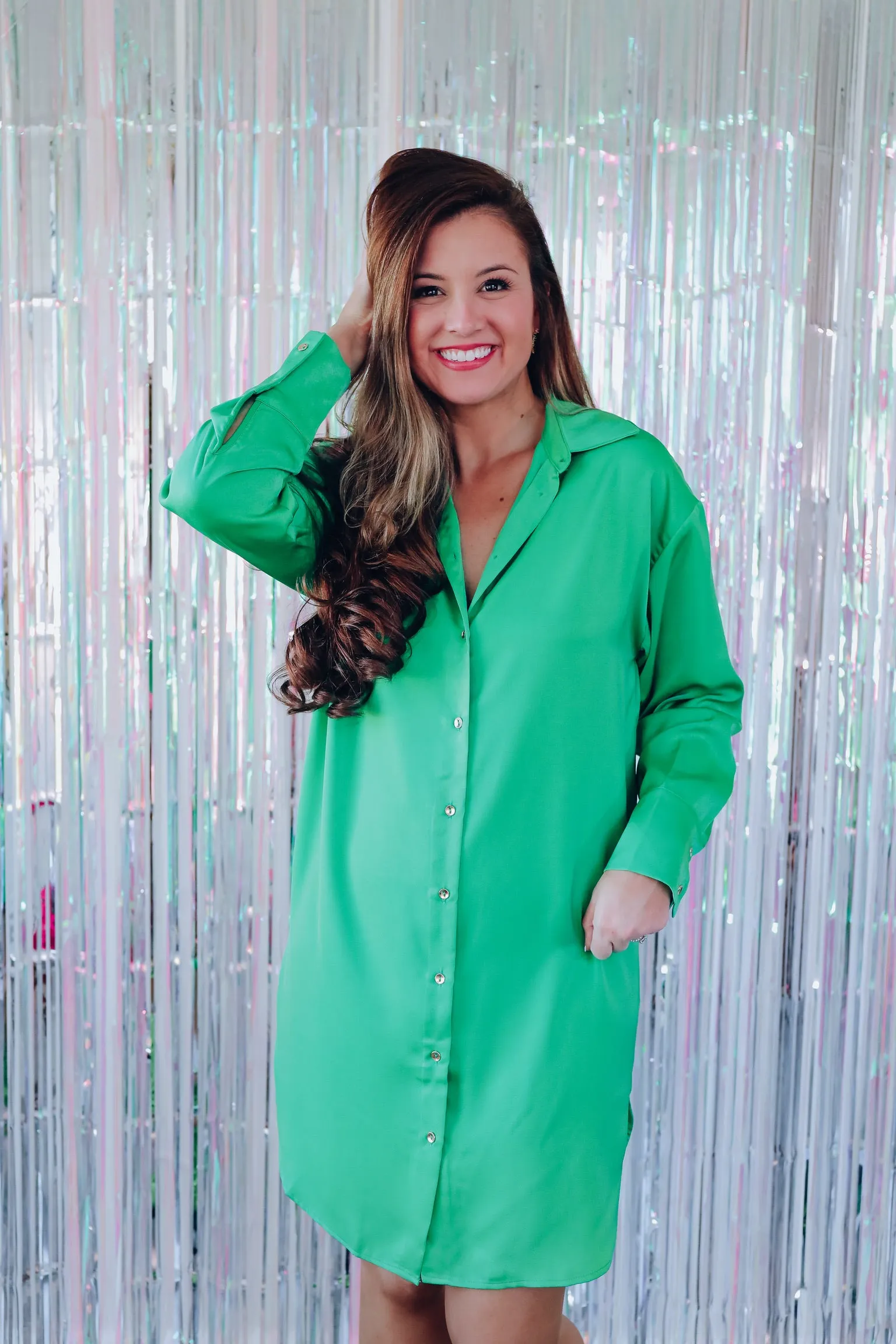 Saucy Satin Button Down Shirt Dress - Green