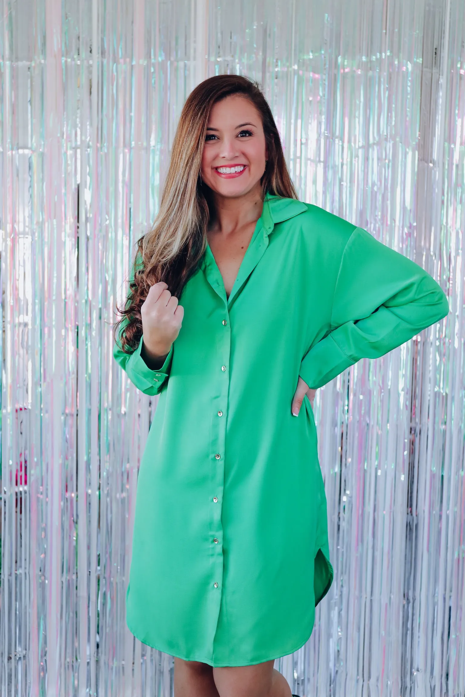 Saucy Satin Button Down Shirt Dress - Green