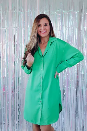 Saucy Satin Button Down Shirt Dress - Green