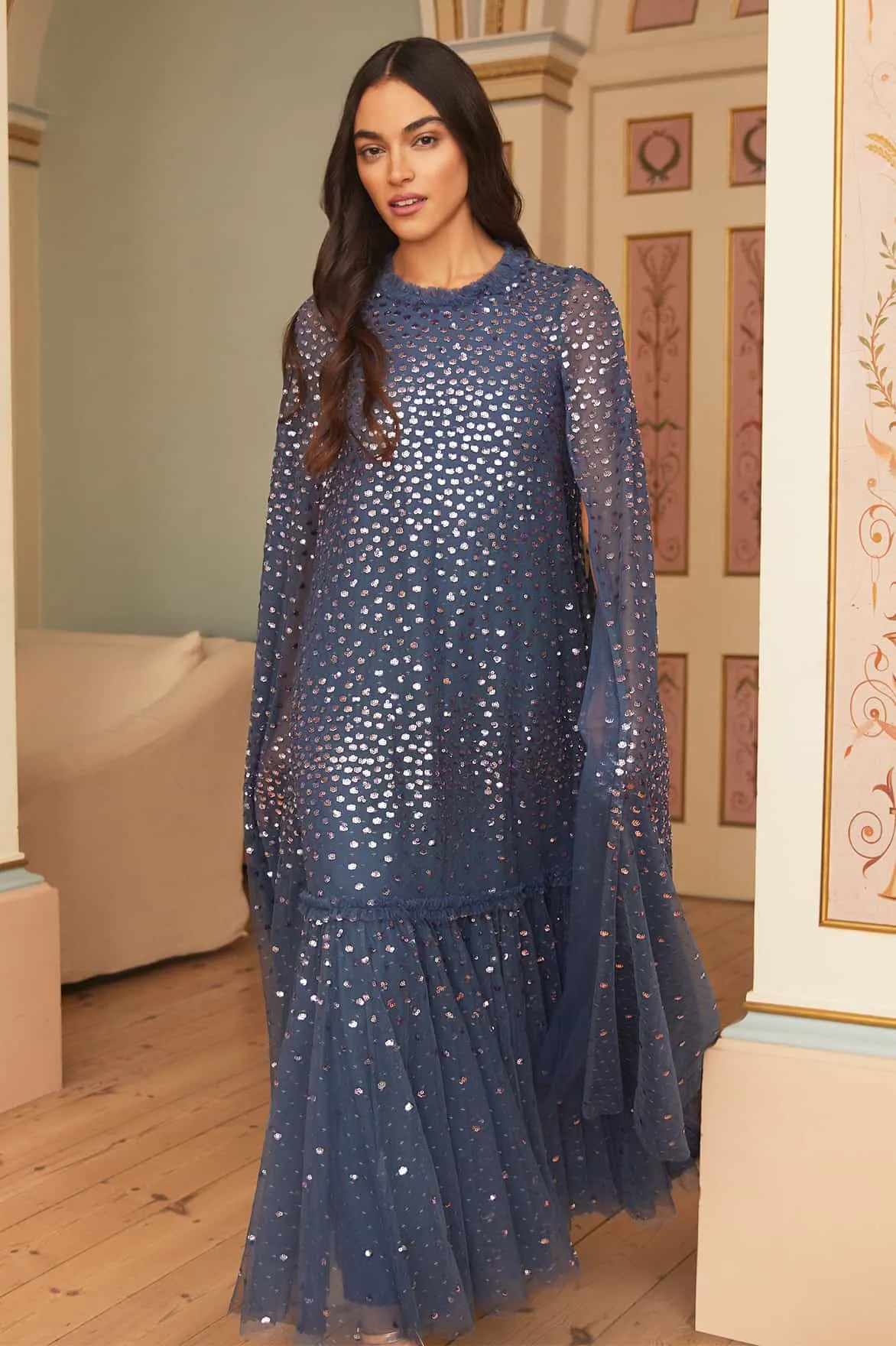 Scatter Dot Cape Tiered Ankle Gown
