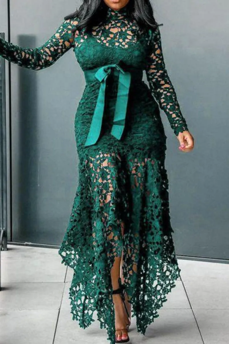 Sexy Casual Solid Hollowed Out Asymmetrical Turtleneck Long Sleeve Dresses