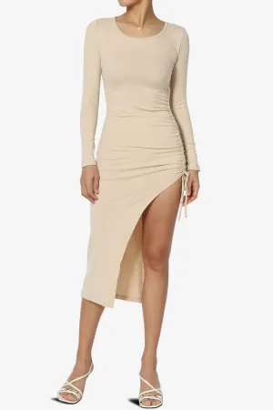 Shatter Ruched Ribbed Long Sleeve Slit Midi Dress