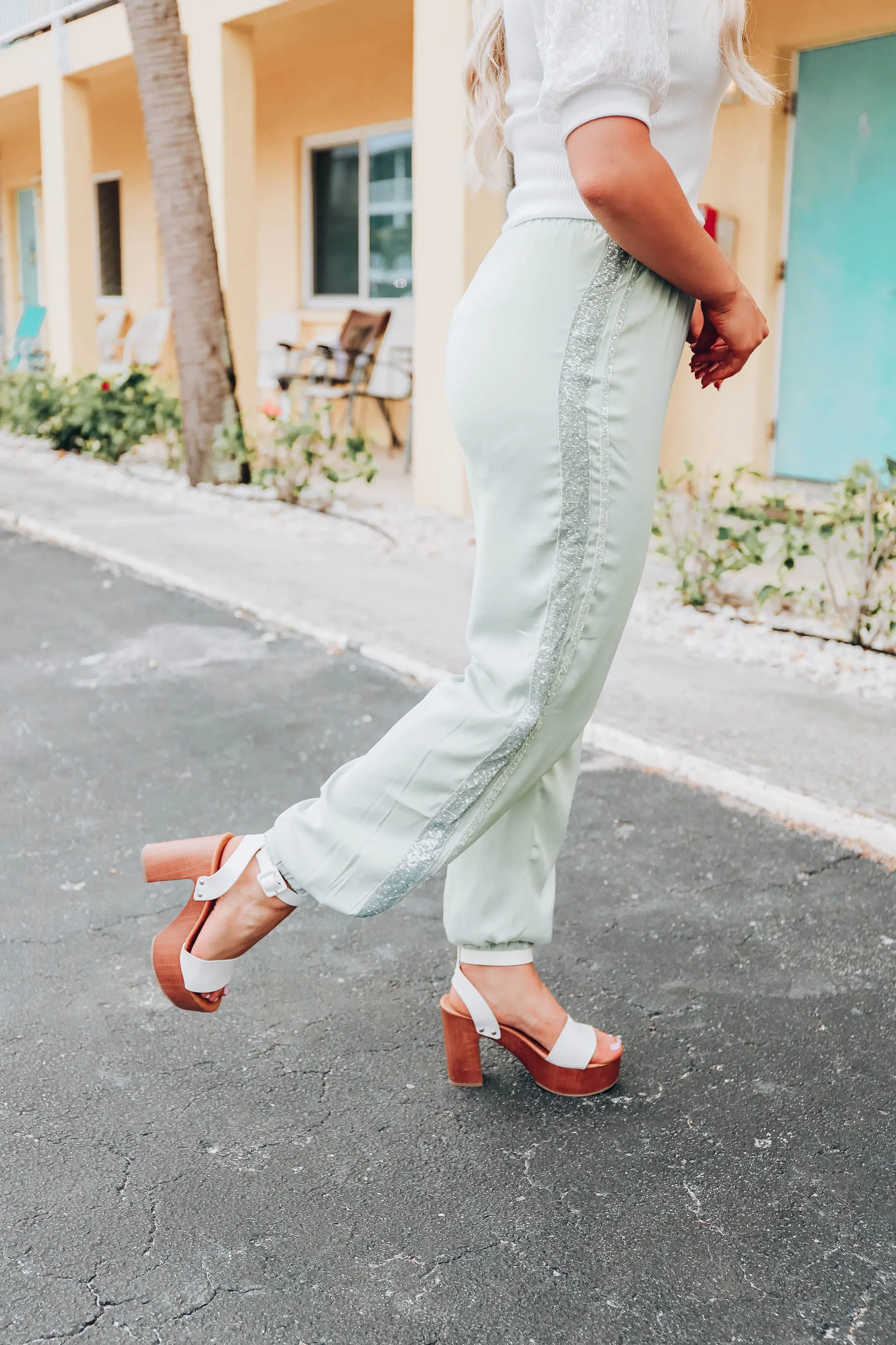 Shayla Sequin Jogger Pants - Sage