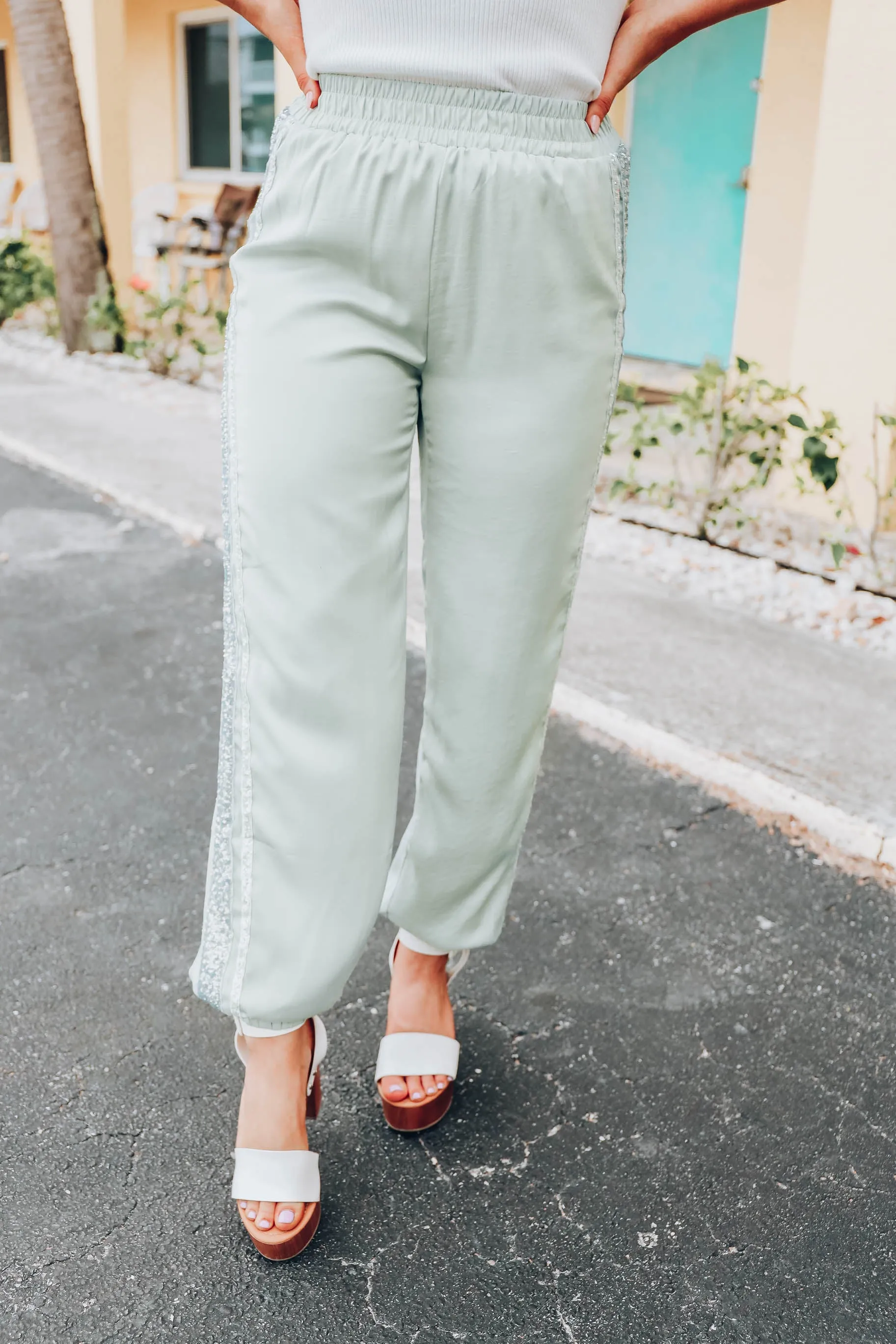 Shayla Sequin Jogger Pants - Sage
