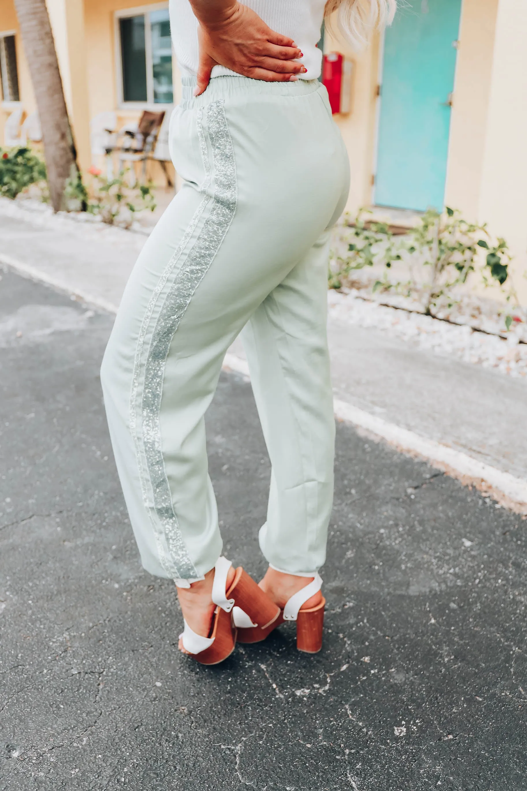 Shayla Sequin Jogger Pants - Sage