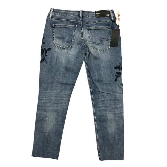 Silver Jeans Size 30W Girlfriend Skinny Mid Rise Blue Raw Hem Ankle Pants NEW