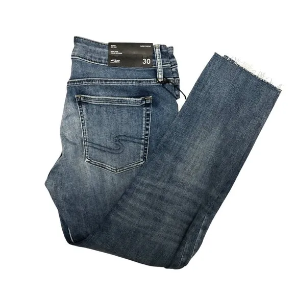 Silver Jeans Size 30W Girlfriend Skinny Mid Rise Blue Raw Hem Ankle Pants NEW
